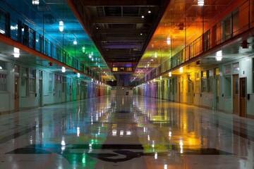 Aufkleber - Colorful reflections in an empty corridor of a modern building during nighttime