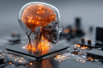Poster - Artificial intelligence merges technology and human thought, showcasing brain and circuit board integration
