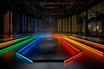 Leinwandbilder - Colorful LED lights illuminate a sleek empty stage in a modern venue during a tech event setup