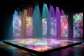 Aufkleber - Colorful light installation with vibrant patterns showcasing modern art in urban gallery setting
