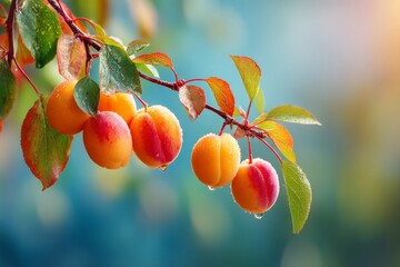 Poster - Juicy apricots hang from a branch adorned with vibrant green leaves and morning dew in a serene garden setting