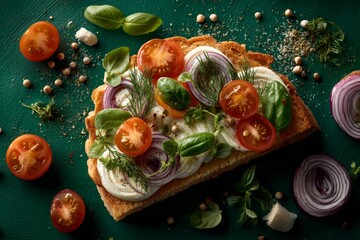 Poster - Fresh vegetable open sandwich served on whole grain bread with vibrant toppings, perfect for lunch or a snack