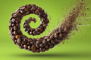 Poster - Coffee beans swirl in motion creating a dynamic pattern against a vibrant green background