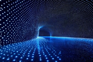 Poster - Immersive blue light installation in a futuristic tunnel with glowing dots and reflections
