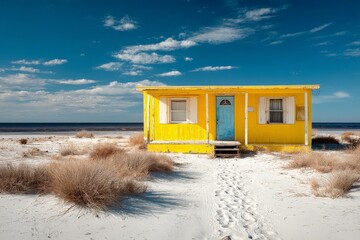 Aufkleber - Bright yellow beach house stands alone on white sands by the water under a blue sky