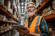 © ChaoticMind - Warehouse worker using tablet to manage inventory in a distribution center during daylight hours
