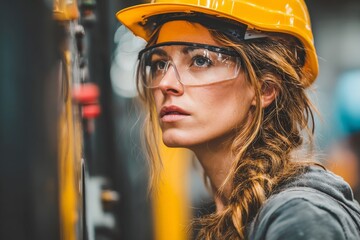 Poster - Skilled worker focused on machinery in industrial setting wearing safety gear in bright lighting