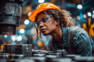 Poster - Woman focused on machinery in a factory environment during daytime while wearing safety gear