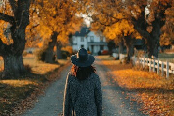 Aufkleber - Woman walking down a tree-lined path covered in autumn leaves near a house in a serene rural setting