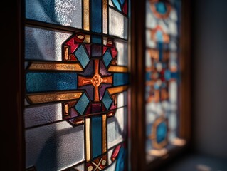 Aufkleber - Stained Glass Window With Cross Design, Showcasing Architectural Heritage and Religious Devotion in a Church or Cathedral : Generative AI