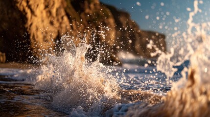 Aufkleber - Ocean Wave Crashing on Sandy Shore at Sunset, Evoking Coastal Beauty and Environmental Awareness, Ideal for Travel and Tourism Campaigns : Generative AI