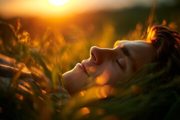 Aufkleber - Young man resting peacefully in a grassy field during a vibrant sunset in the evening light