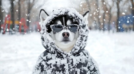 Poster - A husky in a trendy puffer jacket in a snowy park