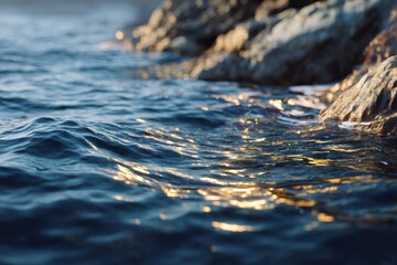 Poster - Ocean Waves Crashing Against Rocky Shoreline at Sunset, Evoking Serenity and Coastal Exploration for Travel and Tourism Campaigns : Generative AI