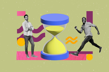 Aufkleber - Pop trend collage of people stand crossed hands run near 3d sand clock on green background