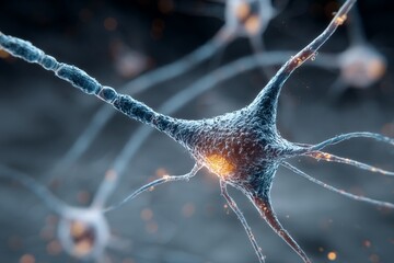 Poster - Close-up view of a neuron highlighting synaptic connections and electrical activity in a human brain
