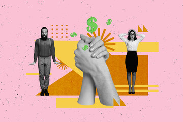 Poster - Image poster collage of people stand behind helping hands with dollars on pink background