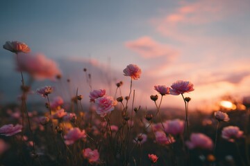 Poster - Pink Flowers Blooming in a Field at Sunset, Representing Beauty and Natural Healing for Wellness Campaigns and Springtime Celebrations : Generative AI