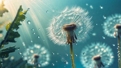 Poster - Dandelion seeds glisten with dew droplets in a sunlit garden during early morning
