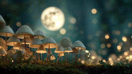 Poster - Glowing Mushrooms Under Moonlight in a Magical Forest, Symbolizing Enchantment and Mystical Exploration, Perfect for Fantasy and Storytelling Projects : Generative AI