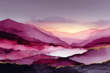 Aufkleber - Sunset over purple mountains with soft clouds and a tranquil lake reflecting warm hues