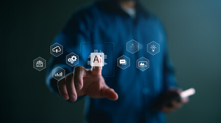 Aufkleber - Artificial intelligence technology concept with businessman interacting with AI interface. Digital transformation, automation, and innovation icons represent modern smart tech solutions.