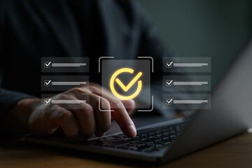 Poster - Task management and checklist concept with a person using a laptop and virtual tick icons. Perfect for productivity, project planning, goal tracking, workflow efficiency, and business process.