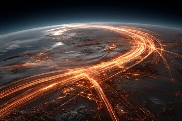 Aufkleber - Dynamic light trails weave through the night sky over Earth showcasing city contours and geographic features