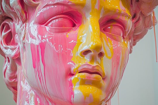 A sculpture doused in bright pink and yellow paint, glossy surface