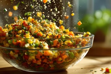 Poster - Chopped Vegetable Salad Being Mixed in Glass Bowl, Promoting Healthy Eating and Culinary Lifestyle Choices for Wellness and Nutrition : Generative AI