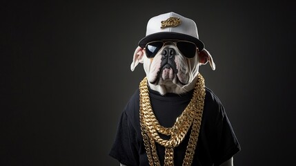 Poster - A bulldog in streetwear with gold chains and a snapback hat