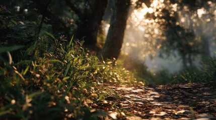 Aufkleber - Sunlit Forest Path at Dawn, Inspiring Serenity and a Connection to Nature for Wellness Retreats and Outdoor Adventure : Generative AI