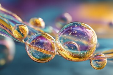 Poster - Colorful soap bubbles floating in the air, glistening with reflections and vibrant colors during daylight in a playful ambiance