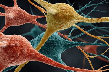 Poster - Neurons interacting in a colorful representation of brain activity revealing intricate neural pathways and connections