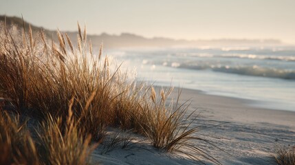 Poster - Golden Beach Grass at Sunrise Overlooking Ocean Waves, Evoking Serenity and Coastal Getaways, Ideal for Travel and Tourism Marketing : Generative AI