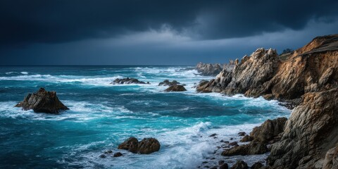 Poster - Dramatic Coastal Scene With Waves Crashing Against Rocks Under Stormy Sky, Showcasing Environmental Awareness and Natural Beauty : Generative AI
