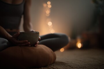 Aufkleber - Woman Meditating with Tea in a Cozy Room with Bokeh Lights, Representing Wellness and Mindfulness in a Self-Care Routine : Generative AI