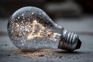 Leinwandbilder - Unique light bulb with sparkling elements lies on a textured surface during a bright daylight setting