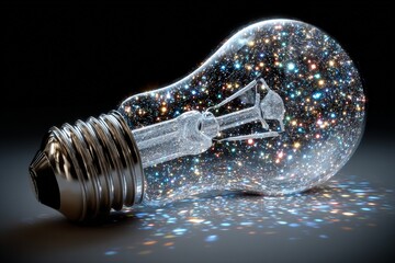 Poster - Creative light bulb design showcasing a galaxy inside with colorful stars and reflections on a dark background during a conceptual art display