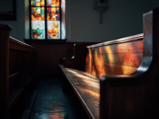 Aufkleber - Church Pews Bathed in Stained Glass Light, Evoking Spirituality and Reflection, Ideal for Religious Organizations and Faith-Based Campaigns : Generative AI