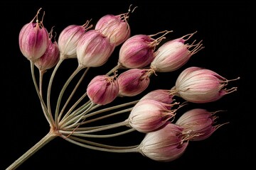 Poster - Delicate clusters of pink and white allium flowers captured in vivid detail against a dark background