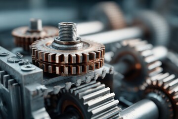 Aufkleber - Close-Up of Interlocking Gears, Symbolizing Precision Engineering and Mechanical Innovation for Industry and Manufacturing Solutions : Generative AI