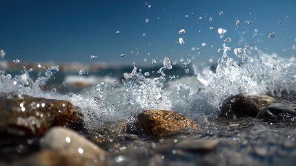 Poster - Water Splashing Over Rocks on a Sunny Day, Representing Purity and Environmental Awareness for Sustainable Tourism and Conservation Efforts : Generative AI