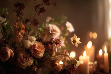 Aufkleber - Floral Arrangement With Candles at Night, Symbolizing Remembrance and a Peaceful Atmosphere for Meditation and Relaxation : Generative AI