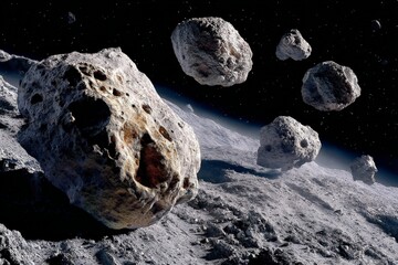 Aufkleber - Asteroids floating in space above the lunar surface during a clear night