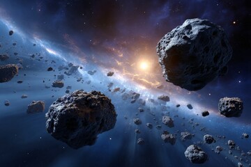 Aufkleber - Breathtaking view of a cosmic asteroid belt with distant stars in the background during a vibrant galactic scene