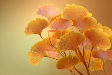 Poster - Beautiful ginkgo biloba leaves displaying vibrant yellow hues during autumn at a garden in the afternoon light