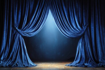 Poster - Curtains parting to reveal a stage illuminated by soft blue light in a theater setting