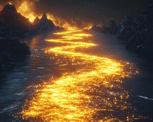 Wall Mural - a captivating river of light flows through a serene mountain landscape