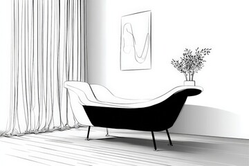 Poster - Stylish black and white living room with modern furniture and artistic decor in a contemporary home setting